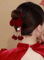 Updo hair accessories wedding wedding ແມ່ສະບາຍດີ wedding banquet updo hair headdress ສີແດງງານບຸນ tassel hairpin