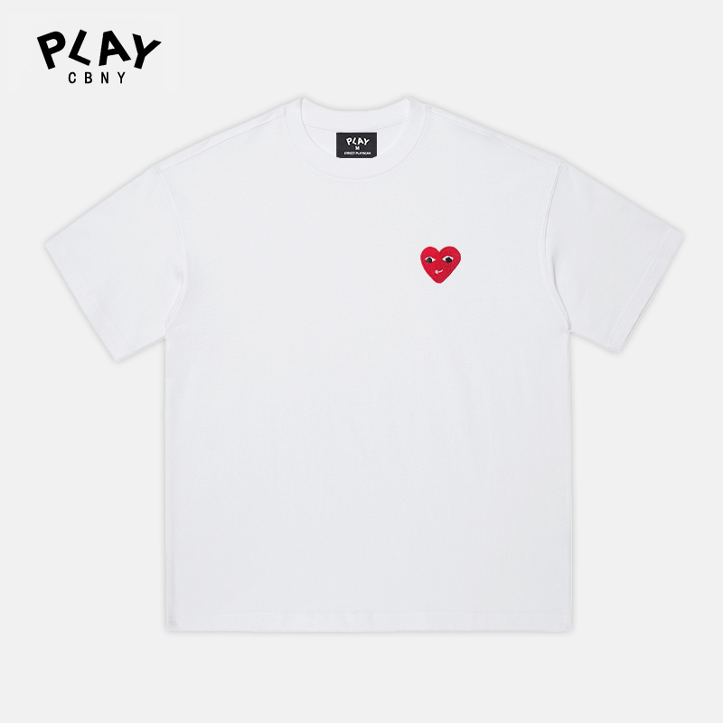 Play Official Short-Sleeved T-Shirt for Men and Women, New Summer Style, Pure Cotton, Loose Fit, Heart Embroidery, Drop Shoulder Sleeves, Trendy Top
