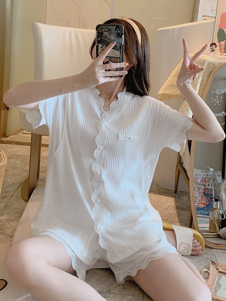Short-sleeved cotton maternity pajamas Summer thin postpartum lactation nursing home clothes July 8 sweat-absorbing month clothes