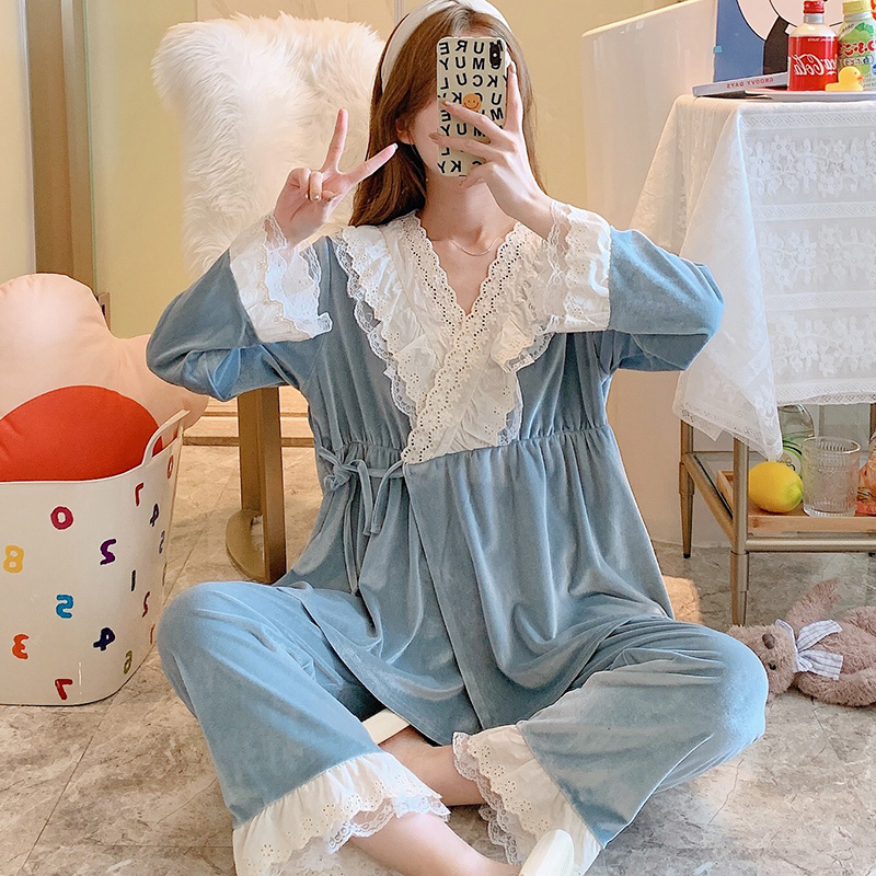 Jiaying velvet confinement clothes princess wind spring and autumn postpartum pajamas for pregnant women March 12 winter to be pregnant nursing home clothes