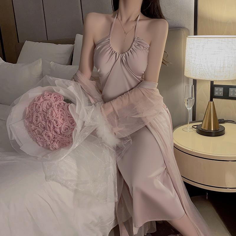 Sexy Nightgown for Women with Drawstring Halter Neck, Satin with Chest Pads, Long Nightdress with Feather Cuffs, Two-Piece Robe Set, Loungewear