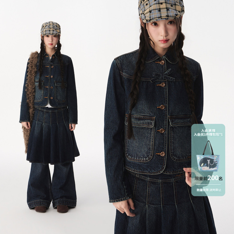 Mr. Jiangnan Newjnxs'Ss Series' Retro Washed Detachable Bow Tie Jacket Women's Denim Suit Mr. Jiangnan Newjnxs'Ss Series' Retro Washed Detachable Bow Tie Jacket Women's Denim Suit