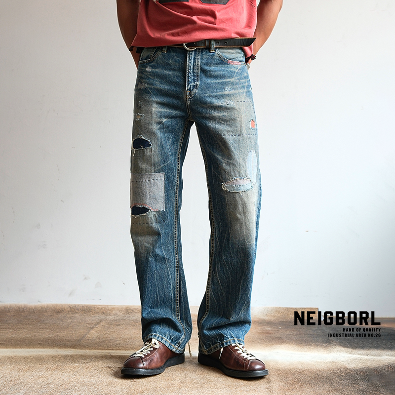【Old Bones】Neigborl Uncle Zhao's Vintage Washed Japanese Imported Cotton Patchwork Loose Jeans