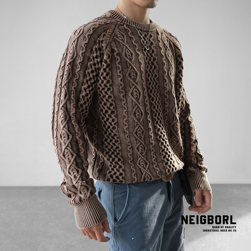 【Geng Xi】Neigborl Uncle Zhao's American Retro Round-Neck Cable Knit Pure Cotton Sweater, Heavy Fisherman Knit Sweater 【Geng Xi】Neigborl Uncle Zhao's American Retro Round-Neck Cable Knit Pure Cotton Sweater, Heavy Fisherman Knit Sweater