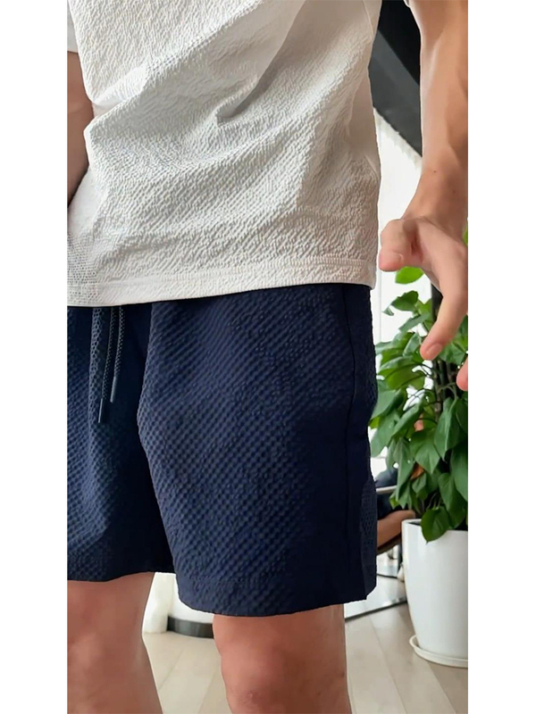 Navy Blue Bubble Gauze Work Shorts for Men, Summer Loose Fit, American Style, Drapey, Sporty, Versatile, Casual Quarter-Length Pants, Trendy