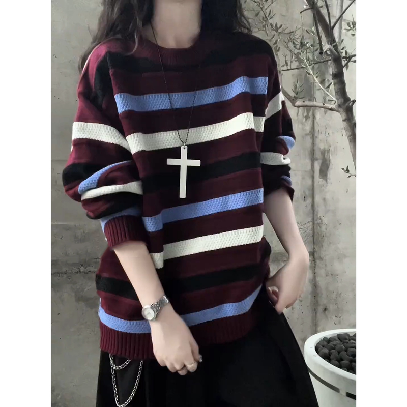Burgundy American-Style Striped Crew Neck Sweater for Men and Women, Autumn and Spring Lazy Style High-End Couple's Knitwear Jacket Burgundy American-Style Striped Crew Neck Sweater for Men and Women, Autumn and Spring Lazy Style High-End Couple's Knitwear Jacket