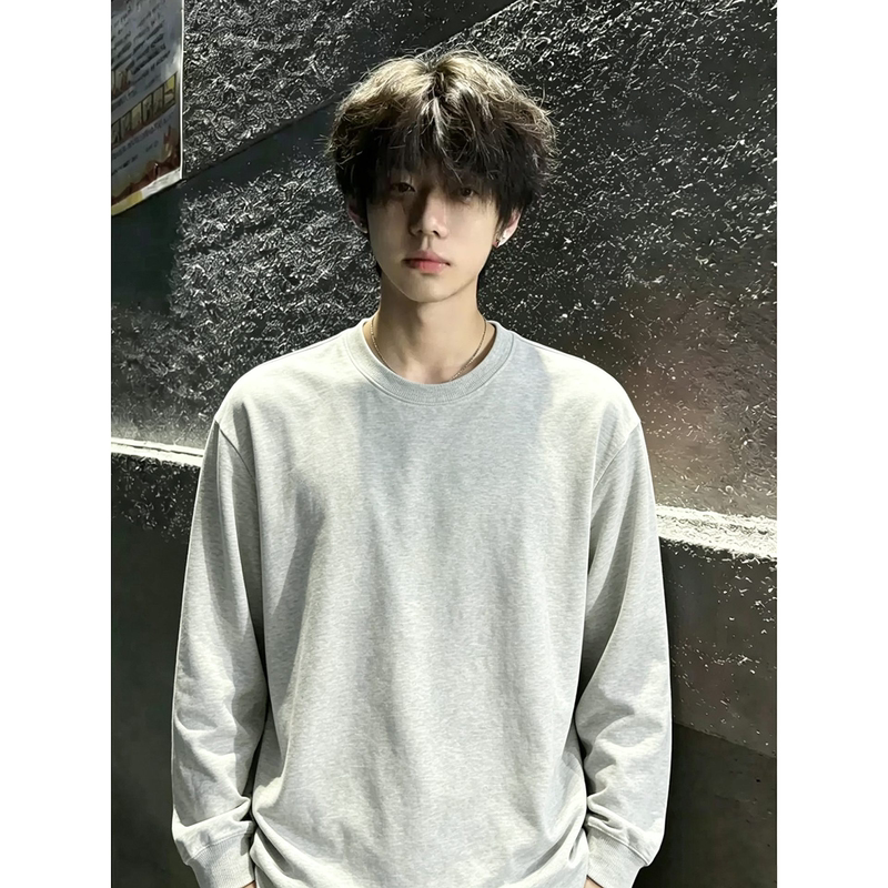 Gray Regular-Fit Sweatshirt for Men, Autumn Season, Small Neckline, Heavyweight American-Style Long-Sleeve T-Shirt, Pure Cotton, Crew Neck, Base Layer Top