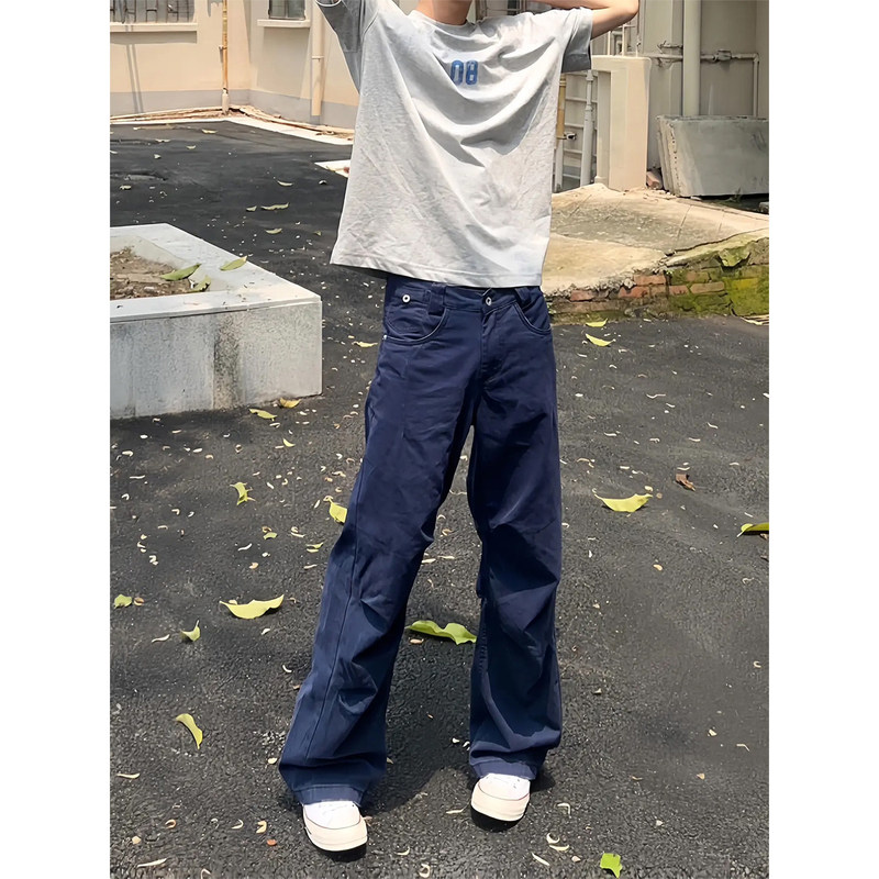 Men's American-Style Loose Wide-Leg Washed Straight-Leg Casual High-Street Denim Pants with Blue Pleats
