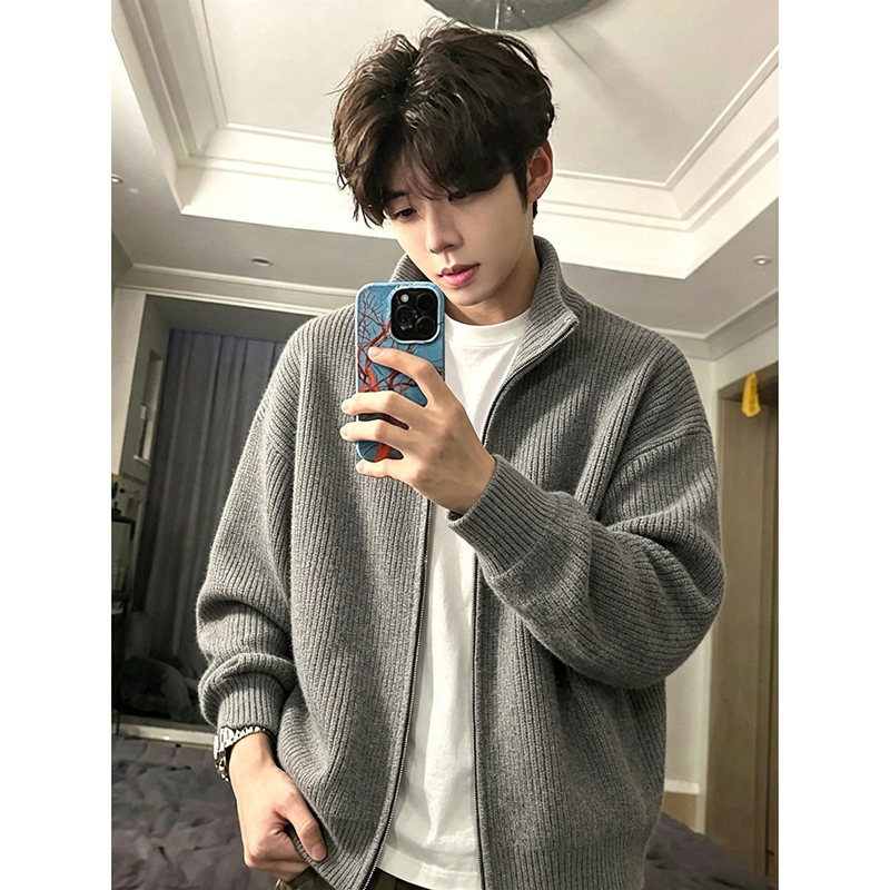 Gray Double-Zip Stand-Collar Knit Jacket for Men, Autumn Vintage American Style, Lazy Style Couple's Casual Cardigan Sweater