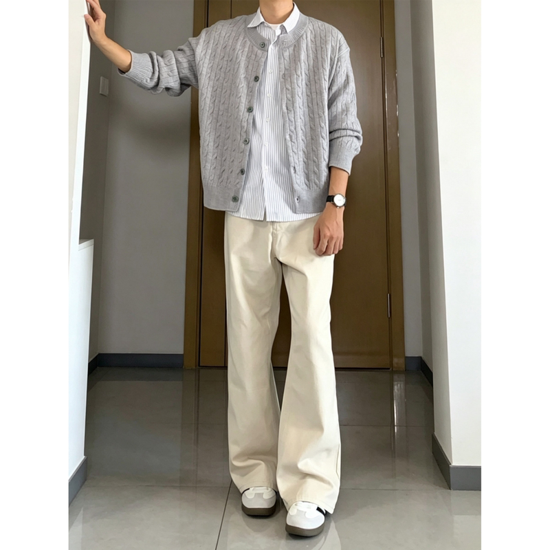 Apricot-Colored Old Money Style Cleanfit Flared Jeans for Men, Autumn Pants, American-Style Pure Cotton Straight-Leg Work Pants