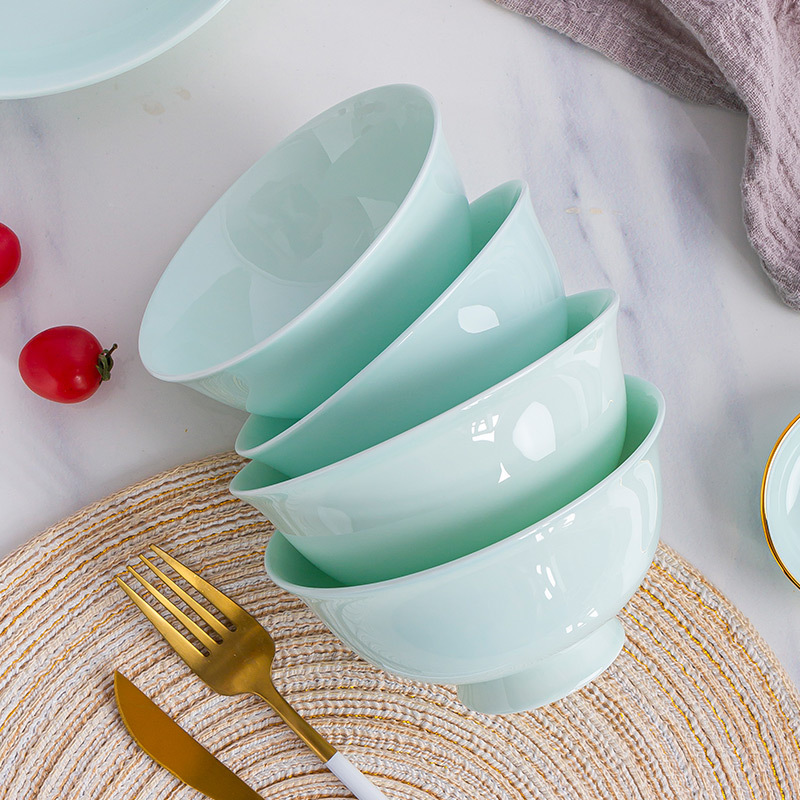 Jingdezhen Celadon Household Bone China Rice Bowls, Chinese-Style Tall Bowl Set, 4, 6, 10-Piece Ceramic Noodle Bowls and Soup Bowls
