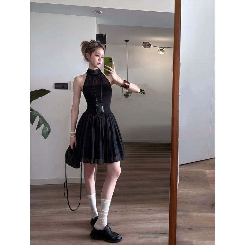 Korean Style Half-High Collar Sleeveless Dress for Women, New Summer Design, Waist-Cinching, Slimming, Elegant A-Line Short Skirt Korean Style Half-High Collar Sleeveless Dress for Women, New Summer Design, Waist-Cinching, Slimming, Elegant A-Line Short Skirt