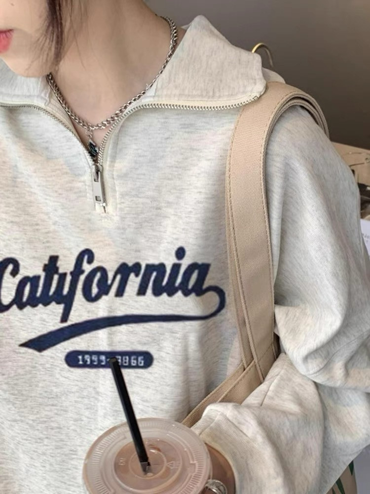 Turn over half zipped sweatshirt woman coat 2023 new loose long sleeve blouses-Taobao