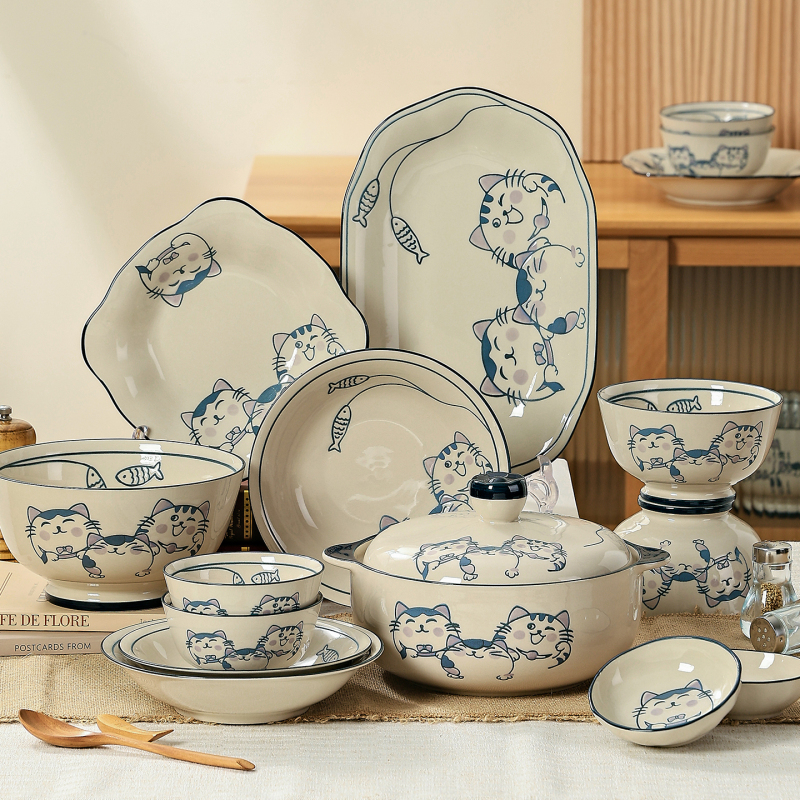 Jingdezhen Underglaze Color High-Temperature Fired Japanese-Style Cartoon Minimalist Cat Leisure Fun - [Small Bowl and Plate Tableware Set]