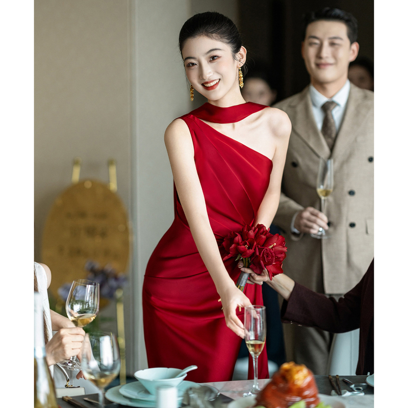 Red Engagement Dress 2026 New Wedding Toast Dress Bride's Morning Gown High-End Niche One-Shoulder Fishtail Dress Red Engagement Dress 2026 New Wedding Toast Dress Bride's Morning Gown High-End Niche One-Shoulder Fishtail Dress