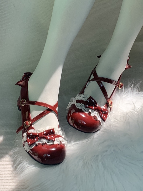 【Bobo Candy】Limited Time Offer: Little House Cat Lolita Cute Polka Dot Round-Toe Bow Versatile Lo Shoes