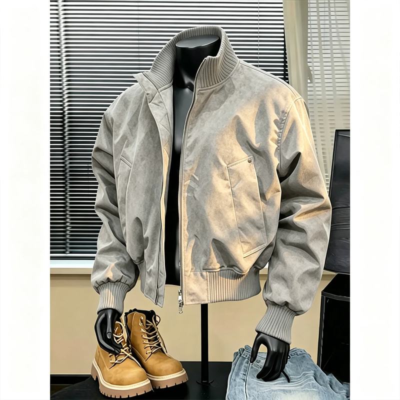 Wassup American-Style Stand-Collar Flight Jacket for Men, Autumn Trendy Retro Workwear Baseball Jacket, Short Pu Leather Coat