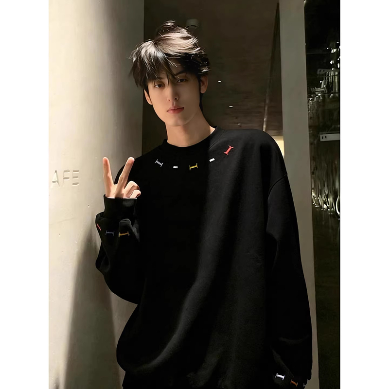 Wassup American-Style Tie-Dye Embroidered Crewneck Sweatshirt for Men, Spring and Autumn Heavy-Duty Long-Sleeve T-Shirt, Loose Inner Layer Top