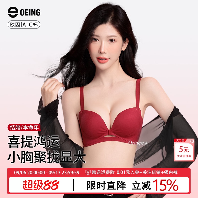 Oeing Red Lingerie Wedding Bride Women's Small Bust Push-Up Bra for the Year of Birth Seamless Underwear Set