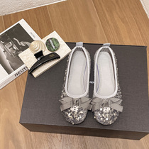 Slip-on bow sequined shoes for women 2024 new Korean version French flat bottom round toe shallow mouth versatile beanie shoes