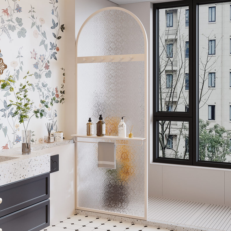 Stainless Steel Bathroom Dry and Wet Separation Glass Partition Cream-Colored Glass Screen Toilet Side Can Be Used to Hang Clothes and Store Items