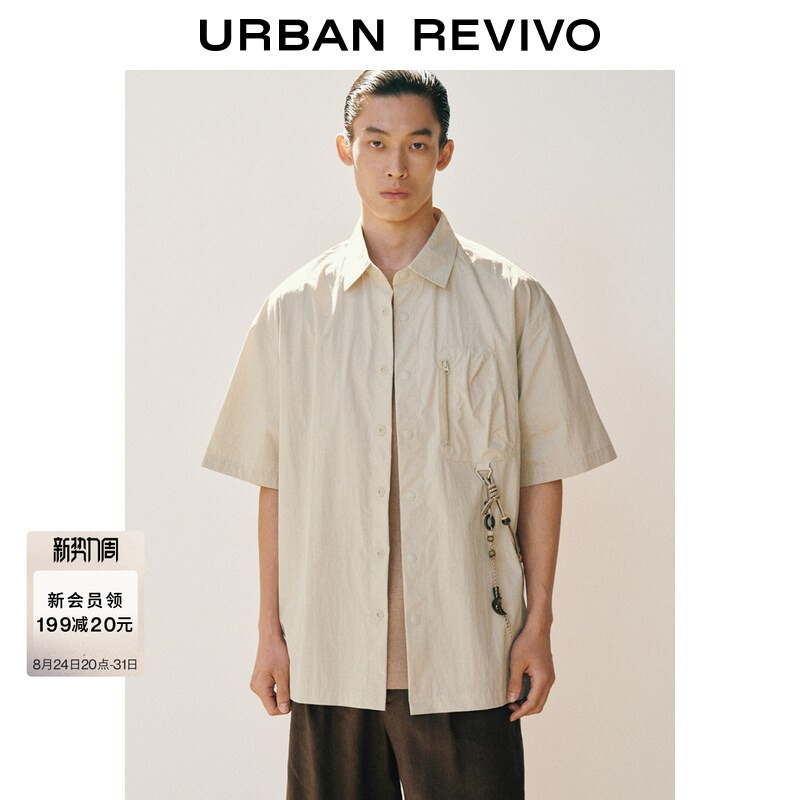 Ur2026 Autumn New Men's Casual Beaded Embellished Zipper Patch Pocket Open Front Shirt Uml260090