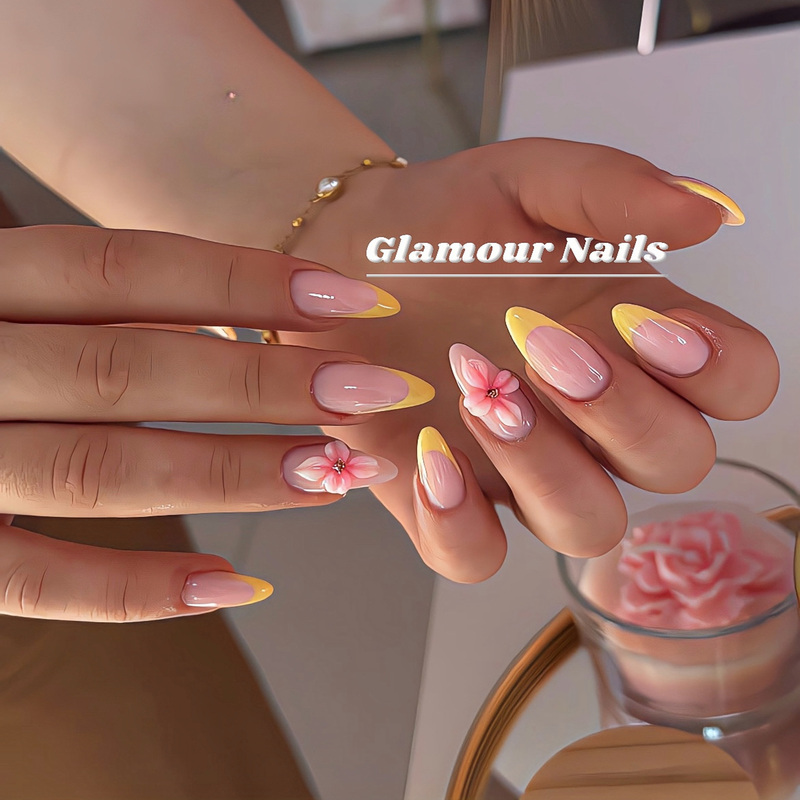 【Gn】Yellow French Carved Manicure Summer Vacation Style Colorfulful Dopamine Handmade Manicure Hailey Style Manicure