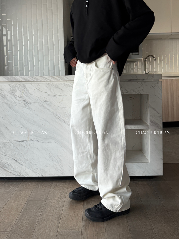 Super Stylish _ American-Style Washed Heavy-Duty White Denim Jeans, All-Cotton, Slimming, Spring and Autumn Long Pants