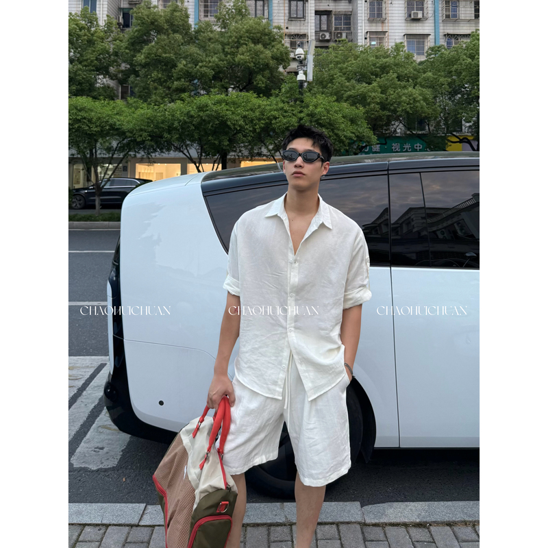 Super Stylish | Summer Old-Money Style Linen Loose Breathable Relaxed Thin Shirt and Shorts Set Super Stylish | Summer Old-Money Style Linen Loose Breathable Relaxed Thin Shirt and Shorts Set