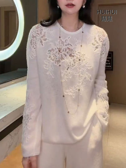 Женский свитер в повседневном стиле с ажурной вязкой и кружевом, круглый вырез, с объемной вышивкой, базовый свитер для ношения под одеждой.