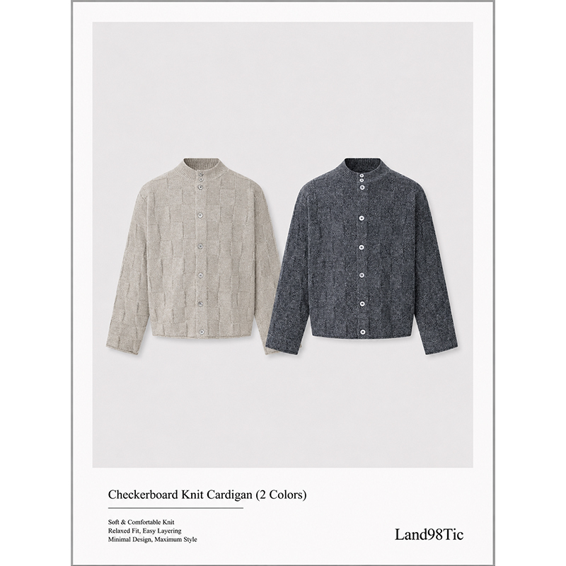 Land98Tic Three-Dimensional Checkered Embossed Jacquard Button Cardigan Sweater Retro Round Neck Soft Knit Sweater Jacket Land98Tic Three-Dimensional Checkered Embossed Jacquard Button Cardigan Sweater Retro Round Neck Soft Knit Sweater Jacket