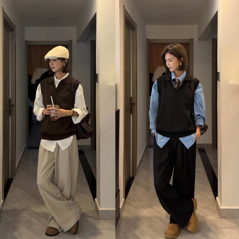 Maillard Dark Brown Polo Collar Knit Vest Unisex Niche Design Polo Collar Sweater Vest