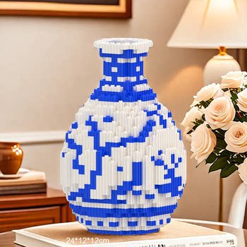 Blue and White Porcelain Vase Building Block Ornaments, Educational Building Block Toys, Jingdezhen Ceramic Vase, Flower Arrangement, Entrance Decoration