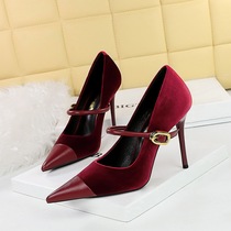 9116-1 Banquet high heels stiletto heels shallow mouth pointed toe Xishi suede splicing pointed toe metal buckle single strap shoes