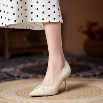 2024 new style pointed toe stiletto high heels large size plus fattening and widening bow womens single shoes small size shallow mouth