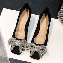 Rhinestone bow high-heeled genuine leather shoes for women with shallow mouth and thick heel French fairy shoes 2024 new commuter sheepskin shoes