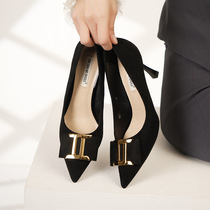 6685-17 French niche black suede metal square buckle high heels