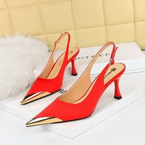 3716-5 Sexy banquet womens shoes stiletto high heel shallow metal pointed toe satin hollow back strap single shoes