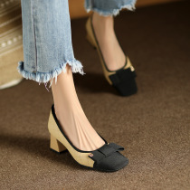 2024 High Heel Plaid Womens Shoes Mary Jane Square Toe Color Block High Heel Single Shoes Small Fragrance Style Shallow Mouth Thick Heel Commuting Shoes for Women