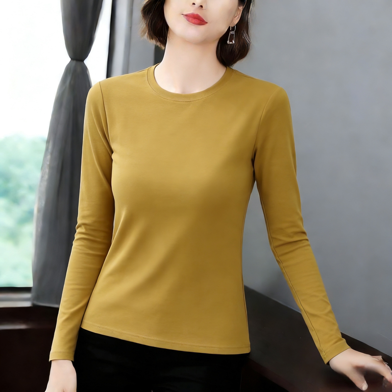 Basic Pure Cotton Long-Sleeve T-Shirt for Women, Round Neck, Solid Color, Slim Fit, Flattering, Versatile Top, New 2026 Spring/Autumn Style