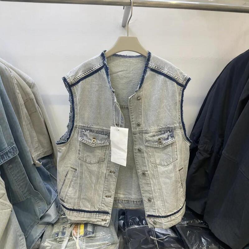 150kg Plus Size Raw Edge Denim Vest Trendy Men's Fashion Color Block Round Neck Distressed Vintage Versatile Vest Jacket 150kg Plus Size Raw Edge Denim Vest Trendy Men's Fashion Color Block Round Neck Distressed Vintage Versatile Vest Jacket