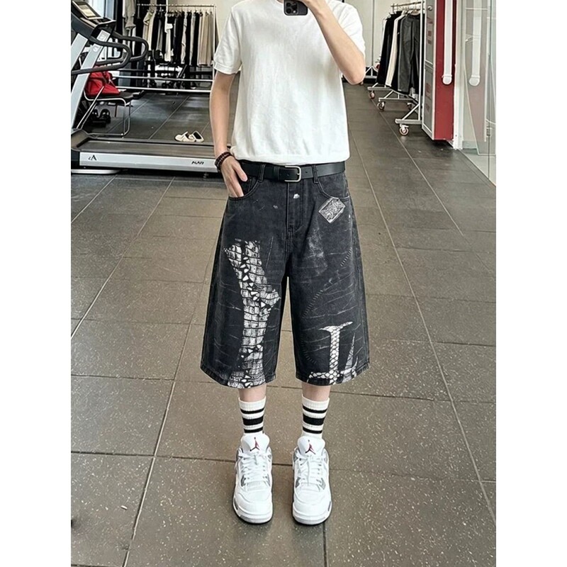 American High Street Style Crocodile Bone Print Jeans for Men and Women, Summer Washed Vintage Loose Wide-Leg Cropped Shorts