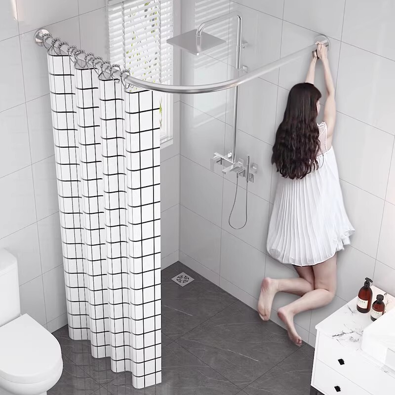 Japanese Shower Curtain, No-Drill Bathroom Curved Rod, Shower Bathroom Partition Waterproof Fabric L-Shaped Track Partition Curtain