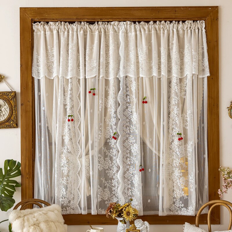 Japanese French-Style Light Luxury Double-Layer Integrated Curtains with Sheer Fabric, Cream-Colored Lace Curtains for Girls' Princess Bedroom Bay Window