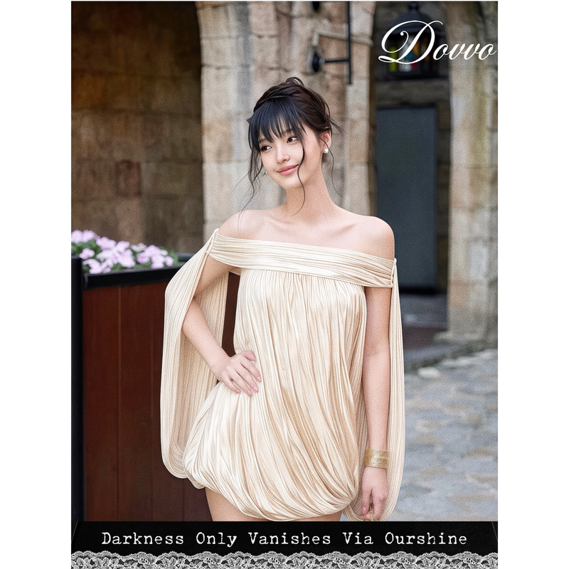 Dovvo Gilded Evening Dress 2026 Winter Vietnamese Design Birthday Dress Satin Off-Shoulder Pleated Dress