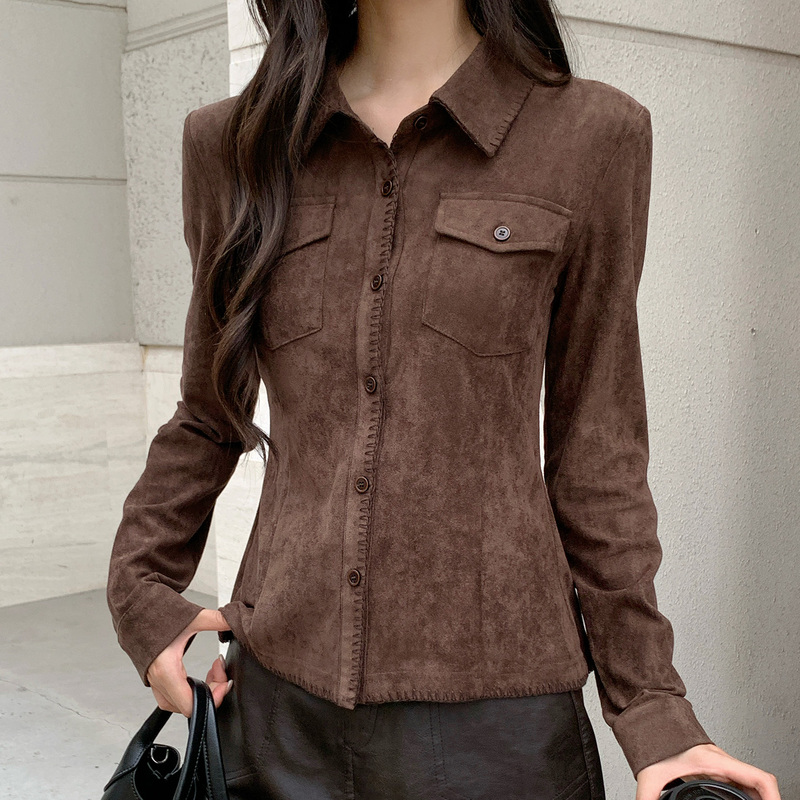 Makeart American Retro Waist-Cinching Lapel Shirt for Women, Autumn Elegant, Slim Fit, Long-Sleeved Shirt, Cardigan Jacket Makeart American Retro Waist-Cinching Lapel Shirt for Women, Autumn Elegant, Slim Fit, Long-Sleeved Shirt, Cardigan Jacket