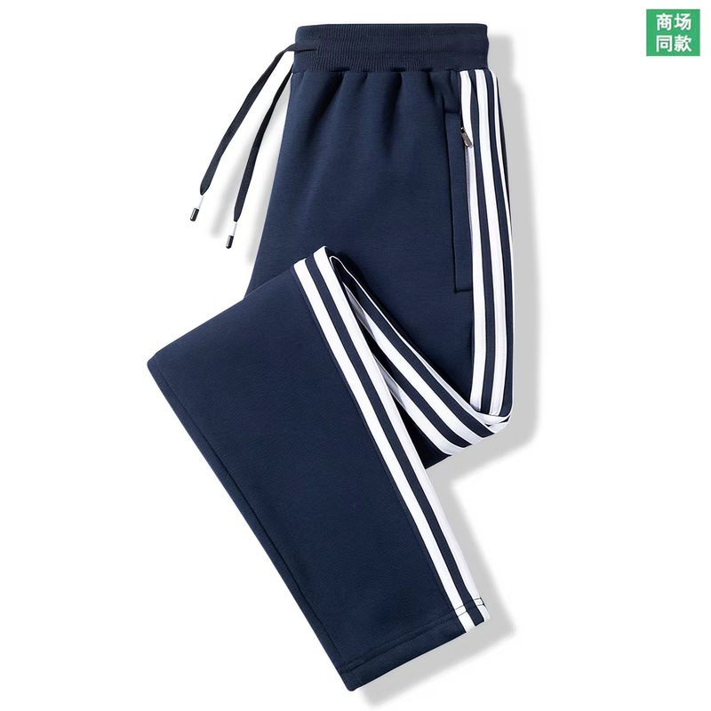 Men's Pure Cotton Sports Pants for Autumn and Winter, Three-Stripe Straight-Leg Sweatpants, Loose Fit, Fleece-Lined, Thickened, Casual Jogger Pants
