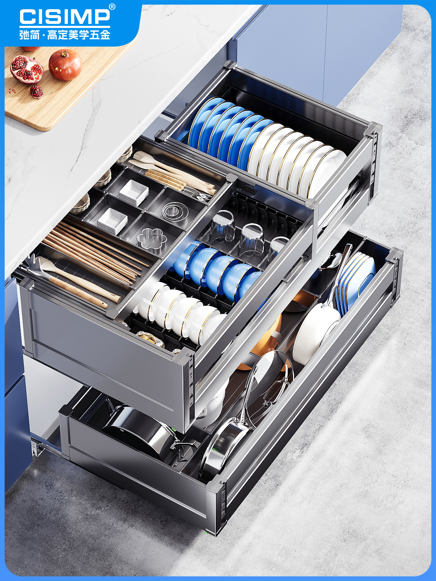 Cisimp Pull-Out Basket Kitchen Cabinet Double-Layer Drawer-Type Bowl Basket Dish Cabinet Pull-Out Built-In Dish Rack