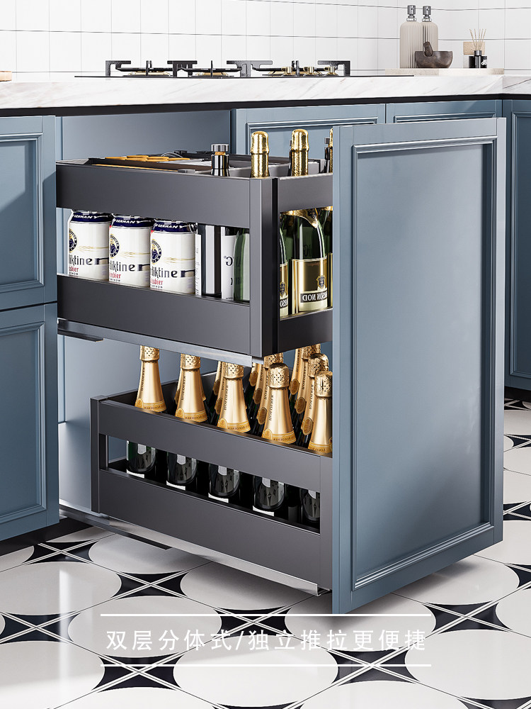 Simple Seasoning Basket, Kitchen Cabinet Drawer-Type Space Aluminum Seasoning Basket, Deepened Cabinet Built-In Shelf Basket