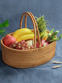 Vietnamese Rattan Storage Basket with Handle Fruit Basket Living Room Home Coffee Table Fruit Plate Straw Woven Bread Woven Basket